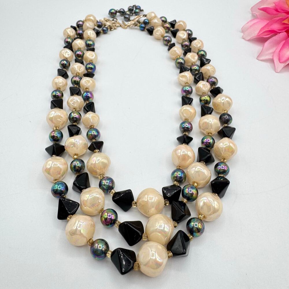 Vintage Japan Oil Slick Beaded Triple Strand Necklace Black Cream Blue Signed